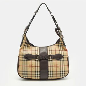 Burberry Dark Brown/beige Haymarket Coated Canvas And Leather Hobo